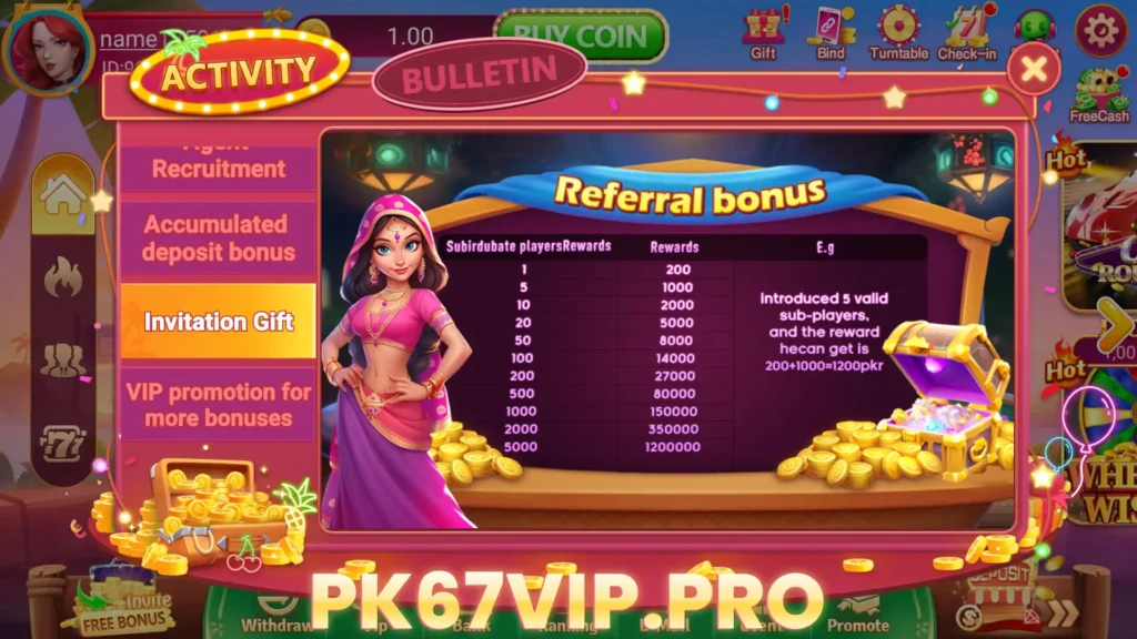 Invitation Gift Activity on PK67 game app